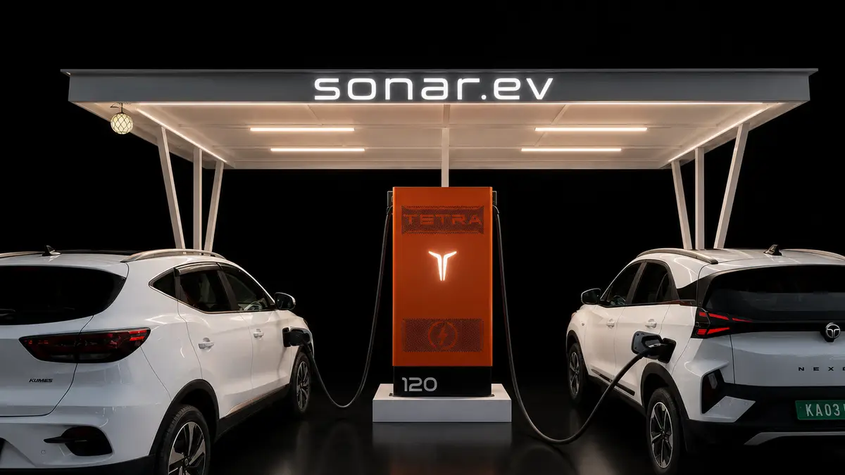 Two electric cars charging under a lit sonar.ev canopy at night