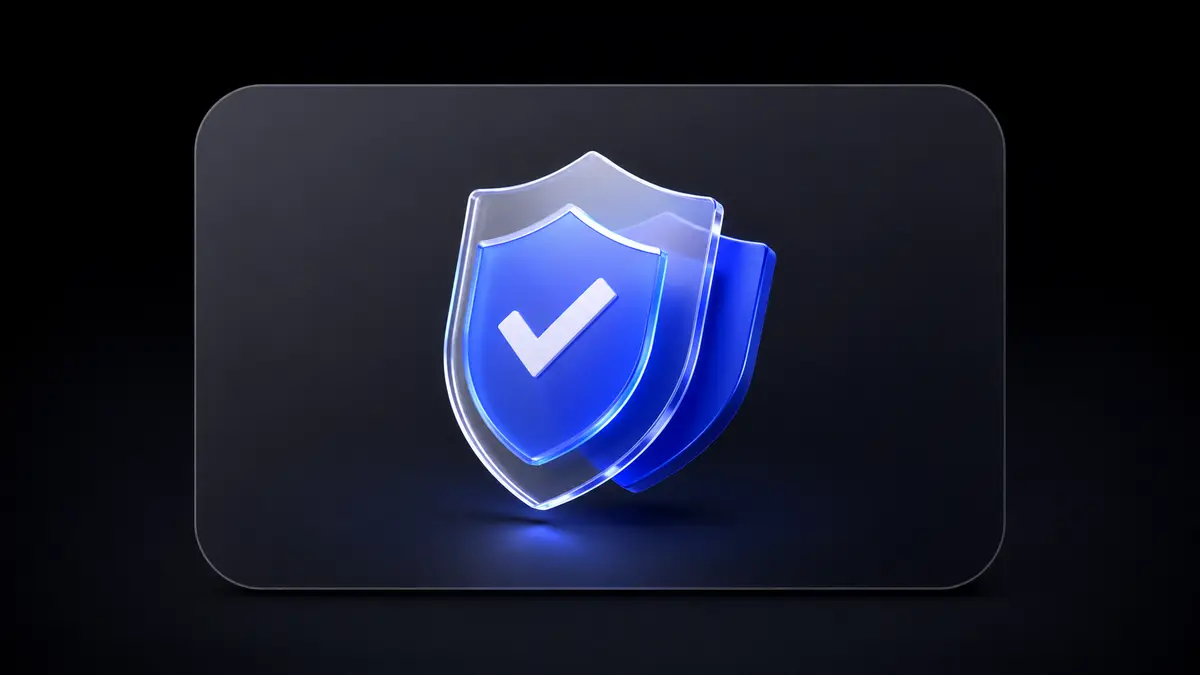 A glass shield with a check mark on a dark card