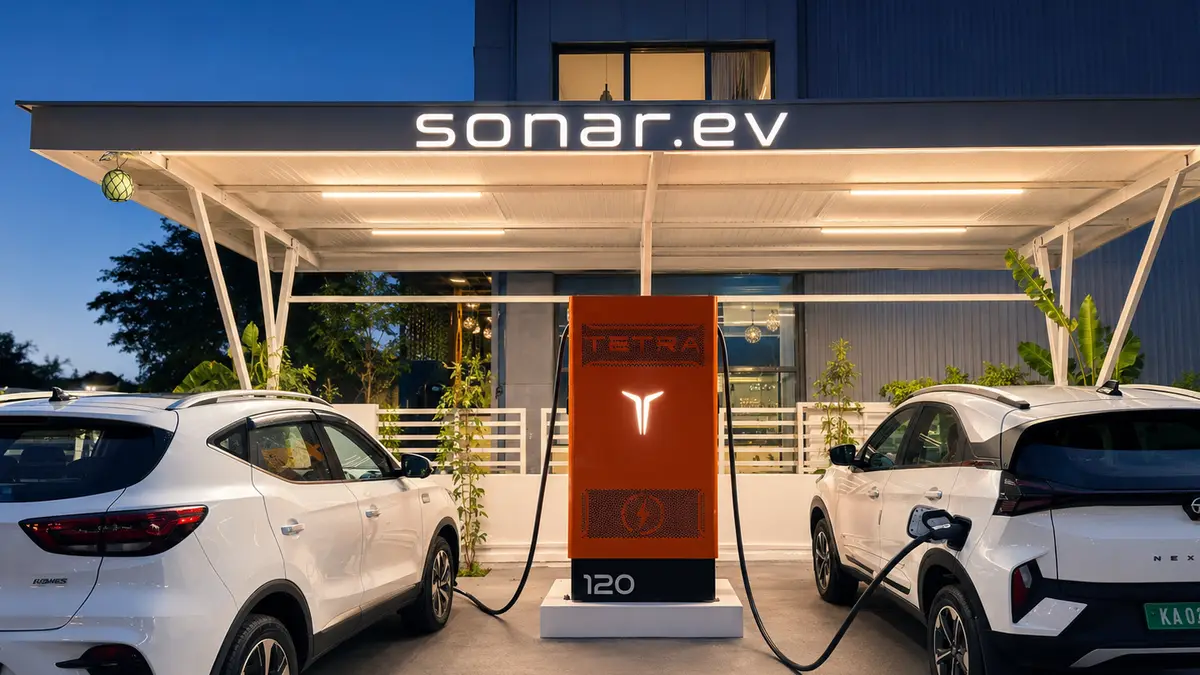 A sonar.ev charging forecourt at dusk